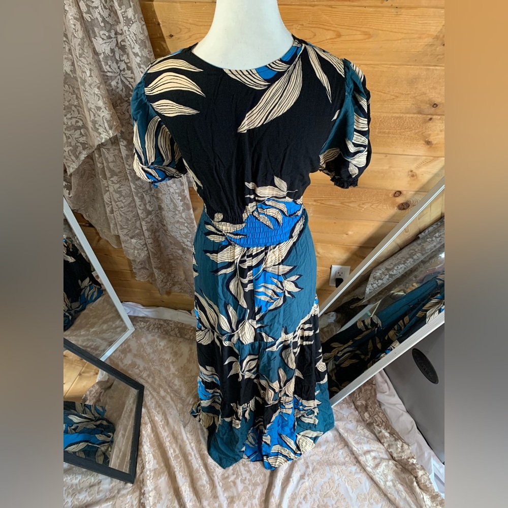 Linen Tropical Tiered Maxi Dress Prairie Romantic Vacation Resort Luxe Size 10 - Picture 11 of 15